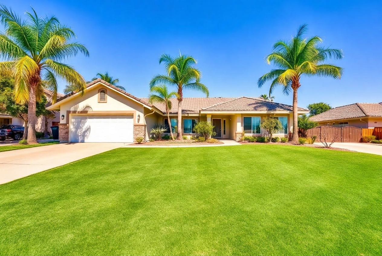 Sacramento suburban home with a lush green artificial turf front lawn
