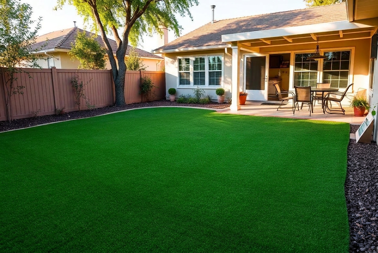 Sacramento backyard with pristine artificial turf and a patio